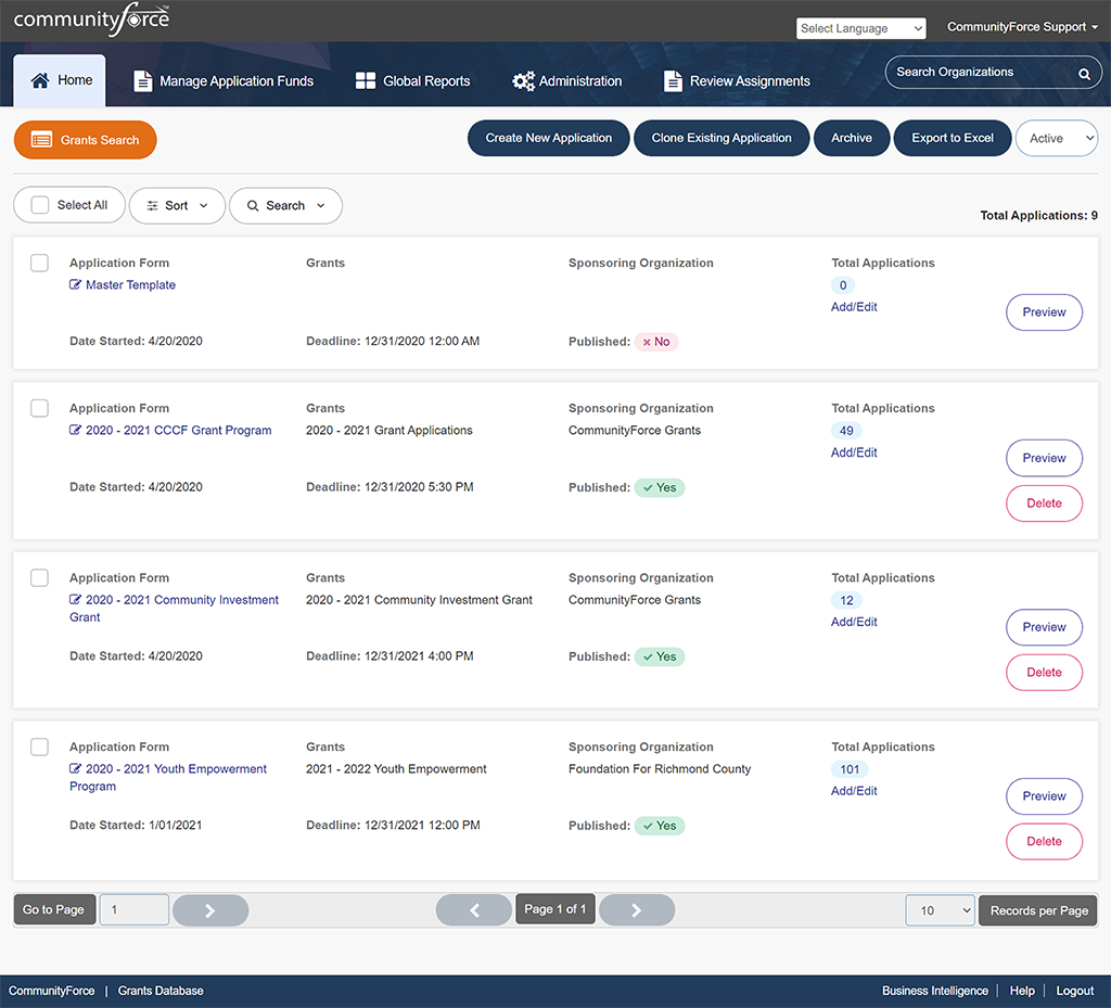 screenshot of Grants Management
